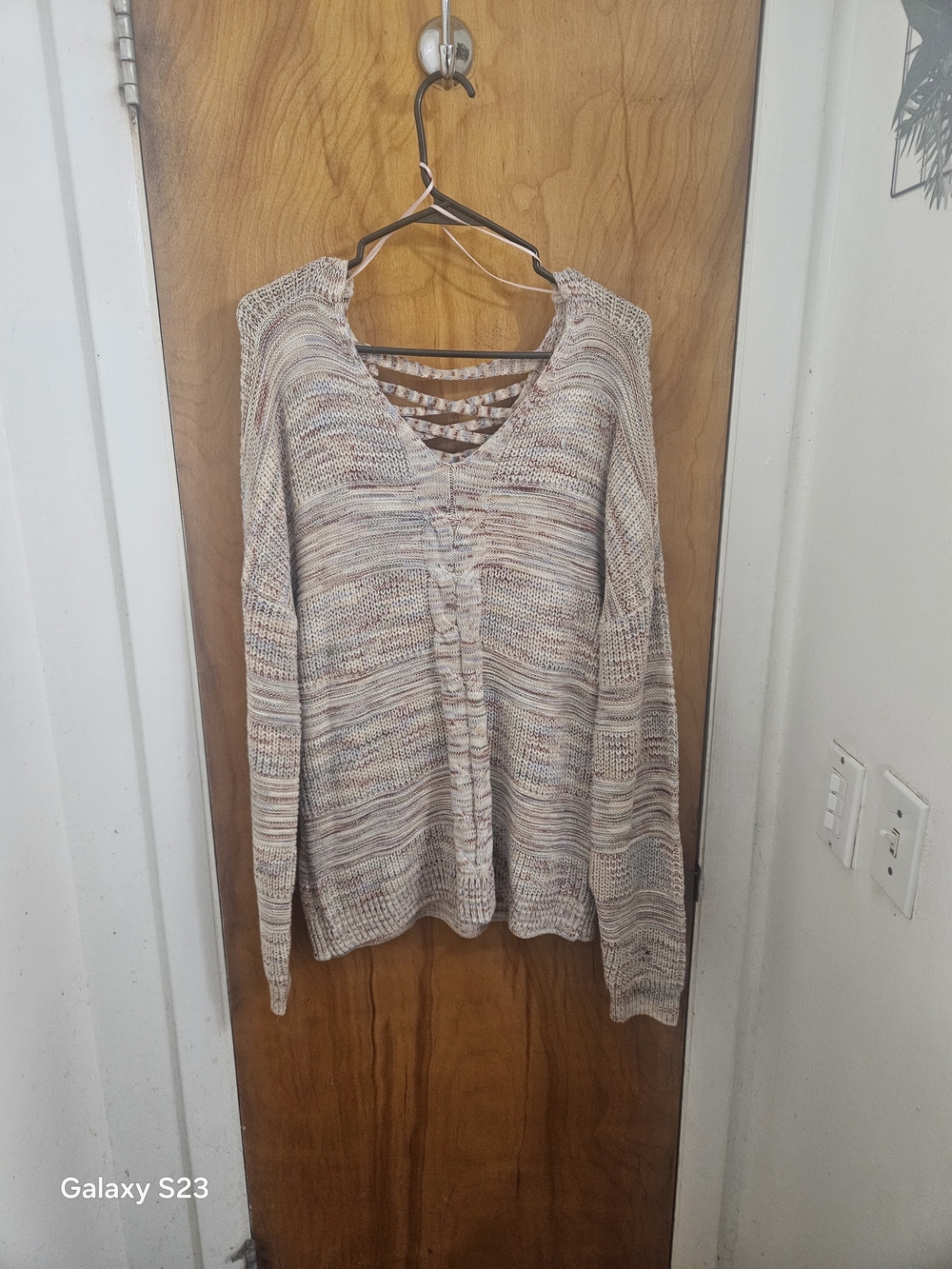 American Rag Neutral Multicolor V-Neck Sweater with Lattice Back